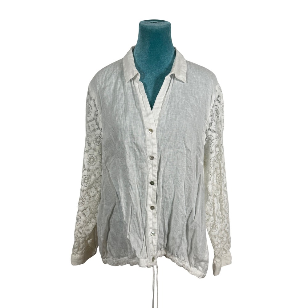 J.Jill White Linen Lace Sleeve Top M Coastal Drawstring Button Up Cottagecore